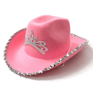 Sombrero <span class=keywords><strong>de</strong></span> vaquero recortado <span class=keywords><strong>de</strong></span> piel personalizado, sombrero <span class=keywords><strong>de</strong></span> vaquero Rosa decorativo para fiesta, sombrero <span class=keywords><strong>de</strong></span> vaquera occidental <span class=keywords><strong>con</strong></span> <span class=keywords><strong>plumas</strong></span> - Product Image 6