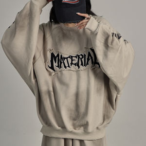 Sweat à capuche vintage surdimensionné à col rond, 100% coton, tissu brodé, style lavé et usé, pull unisexe, haut décontracté - Product Image 1