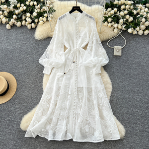 Vestido de lujo para mujer-Vestido Maxi bordado ahuecado con lazo de un solo botón <span class=keywords><strong>Ropa</strong></span> elegante para mujer - Product Image 1