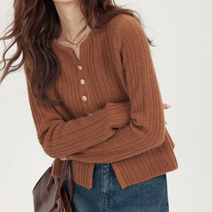 <span class=keywords><strong>Cardigan</strong></span> da Donna in Maglia a Coste Color <span class=keywords><strong>Cammello</strong></span> con Bottoni Rotondi - Top Corto Comodo per Uso Quotidiano - Product Image 5