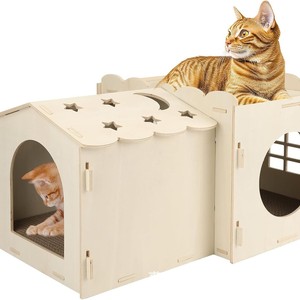 Double Room Cat House Wood Material 2 Levels Easy To Assemble Cat Tree With <b>Scratching</b> <b>Post</b> - Product Image 2