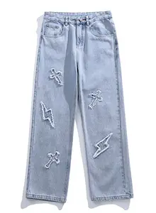 Oem Custom Hot Selling Fabriek Patch Mens Jeans Losse Rechte Jeans Denim Jeans Voor Man