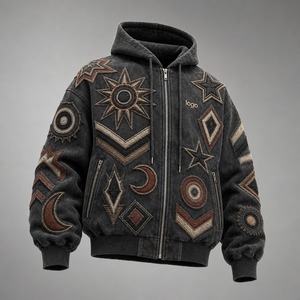 Custom Distressed Washed Full Zip Hooded Jacket Men Sun <b>Star</b> Moon Patchwork Applique Embroidery Hoodie ODM Custom Logo - Product Image 1