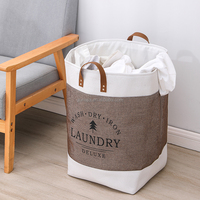 Panier à linge lavable Panier de rangement pour vêtements sales en tissu de lin avec poignée en cuir Panier à linge pliable pour salle de bain