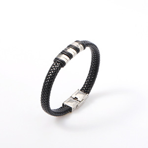Leather Stainless Steel <b>Press</b> Buckle Bangle Men's Jewelry Geometric Design Gift Bracelet Yiwu Origin - Product Image 2