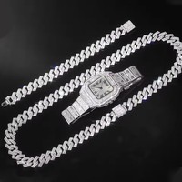 Montre à chaîne cubaine pour hommes Hip Hop Miami Curb Iced Out Paved Rhinestones Bling Rappeur Collier Montre + Bracelet Bijoux