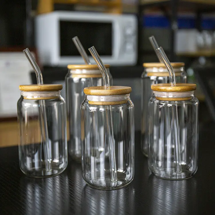 Cerveza Soda Pop Elegante forma de vasos para beber Cerveza irrompible soda pop lata taza de vidrio con tapa para impresión de prensa de calor