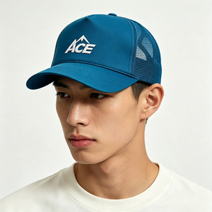 High Quality Unisex Trucker Hat 5-Panel Solid Front Panel Canvas Mesh Back <b>Cap</b> 3D <b>Mountain</b> ACE Embroidery Outdoor Sport Custom - Product Image 1