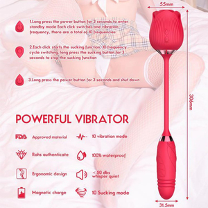 Rose Double Functional Red Handheld <b>Vibrator</b> 10 Vibration Modes USB <b>Rechargeable</b> for Women - Product Image 4