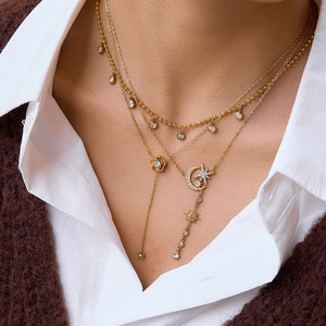 Collares Románticos de Cadena con Eslabones de Flores y <span class=keywords><strong>Luna</strong></span> de Circonio, Chapados en Oro de 18K, de Acero Inoxidable para Mujer, N669 - Product Image 1