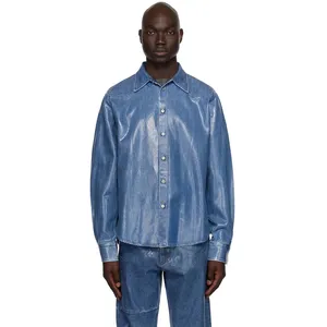 Nouvel arrivage de chemise à col roulé non extensible avec fermeture à boutons Chemise en jean enduit bleu déclaration pour hommes