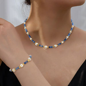Women's Trendy Stone Necklace/Bracelet <b>Set</b> with Freshwater <b>Pearls</b> and Sodalite Made in China for Casual Semi-formal Occasions - Product Image 3