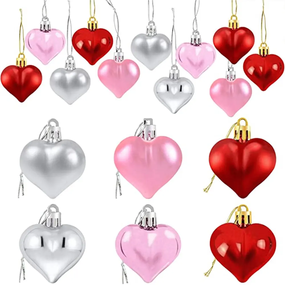 Ornement en forme de cœur pour la saint-valentin, doubles boules, roses et argentées, en rouge, décorations suspendues, romantique, pour la saint-valentin