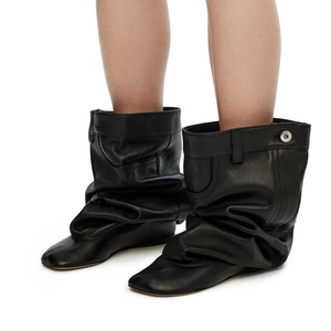 Custom Metal Button Loose Pleated Upper <b>Shoes</b> Flat Heels Square Toe Slouchy Long Boots Women's Wide Fit Knee High Booties - Product Image 6
