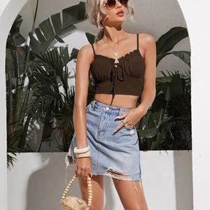 New Design Summer Ribbed Knit Lace-up Front <strong>Frilly</strong> Bust Trim Halter Top for Women - Product Image 4