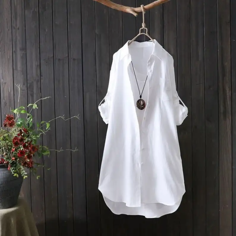 Camisas blancas largas con logotipo personalizado, camisas de fiesta para mujer, blusas de gasa de poliéster y algodón, camisas