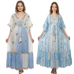 Robe longue maxi en viscose brodée, col en V, ample, imprimé floral bohème, robe d'été décontractée, tendance, fluide, pour les vacances à la plage - Product Image 1