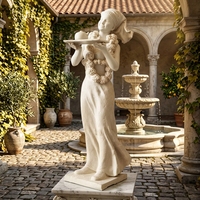 Statue de serveur à thé tahitien en marbre blanc sculptée à la main sur mesure - Sculpture figurative inspirée de la culture polynésienne avec lei et plateau
