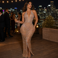 Robe de soirée sexy en strass pour anniversaire, robes de soirée élégantes pour femmes, appliques perlées, maille respirante, antistatique, formelle