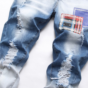 AeeDenim logotipo personalizado OEM cintura media lavado punto <span class=keywords><strong>azul</strong></span> <span class=keywords><strong>tiro</strong></span> algodón pantalones juveniles pantalones casuales pequeños Pantalones rectos - Product Image 2