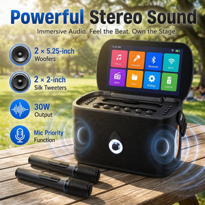 Machine de karaoké portable personnalisée en gros, machine de video-karaoké à écran tactile, deux microphones sans fil, système audio de fête, OEM d'usine - Product Image 1