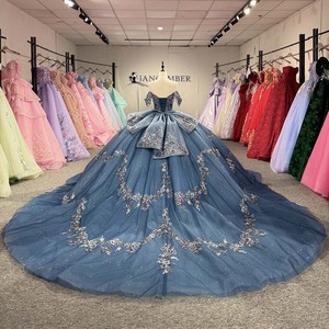 Robe de bal de Quinceañera Jancember en dentelle florale bleu ardoise avec appliques, décolleté cœur, épaules dénudées, ornée de perles et de cristaux, jupe en tulle pleine longueur - Product Image 6