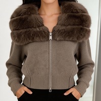 Cardigan décontracté pour femme, col en V, tricoté à l'ordinateur, uni, manches longues, avec col en vraie fourrure de renard, veste courte zippée pour l'automne
