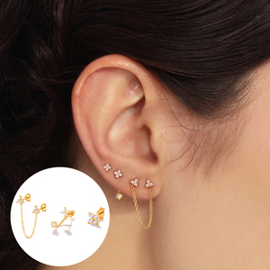 ROXI 3Pcs/set Flower Zircon <b>Stud</b> <b>Earrings</b> <b>Chain</b> Double Pierced <b>Stud</b> <b>Earrings</b> Set S925 Sterling Silver - Product Image 4