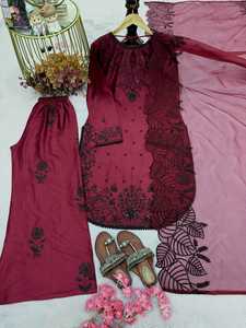 Conjunto de Top, Pantalón Plazzo y Dupatta de Rayón Satinado Puro con Bordado, Lentejuelas de 3 mm, Adorno de Moti y Borde Latkan con Mangas - Product Image 3