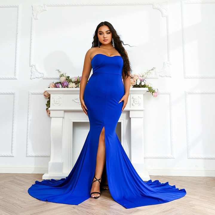 Hot Selling Polyester Spandex Woven Backless Chapel Train Dresses Plus Size  Sexy Mermaid Women Evening Dress