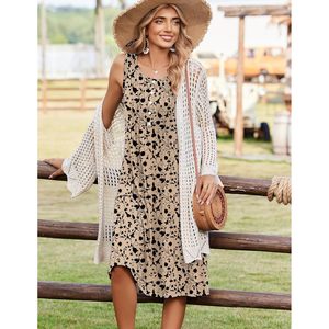 Robe d'été pour femme, imprimé floral, coupe trapèze, longueur midi, sans manches, col rond, décontractée, pour la plage et les vacances, avec poches, tissée respirante - Product Image 5