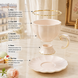 Set Tazza e Piattino in Ceramica Rosa con Bordo Ondulato e Finitura Perlata, Tazza con Manico a Spirale e Bordo Dorato per Tea Party Pomeridiano - Product Image 2
