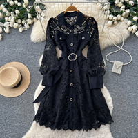 Robe chemise en dentelle à manches longues pour femmes, avec ceinture à la taille, boutonnée, courte, pour le printemps et l'été