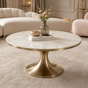 Modern <b>Round</b> Glass Coffee <b>Table</b> with <b>Gold</b> Metal Base 2-in-1 Contemporary Living Room Furniture - Product Image 1