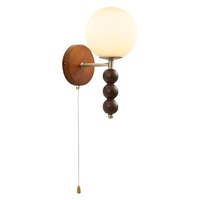 Lámpara de Pared LED de Estilo Francés Vintage para Dormitorio, con Interruptor de Cuerda, Madera Maciza y Cristal, Diseño Simple Retro, Decorativa para Estudio