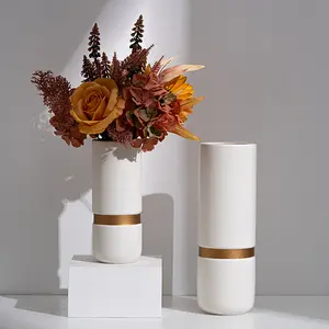 Vas Keramik Ins Nordic Vas Keramik Silinder Polos Emas Putih Modern Pot Bunga Kering Guci Keramik untuk Dekorasi Rumah