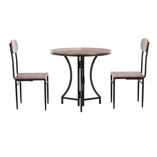 American style 3 Pcs Foldable Dining Table and Chairs Set Mid-Century Round Foldable Table and Chairs with Metal Frame