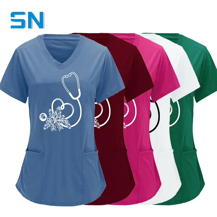 T-Shirt Afdrukken Logo Verpleegster Leven Korte Mouw V-Hals Schattige Dames Medische Scrubs Verpleegkundige Uniformen Scrub Tops Alleen