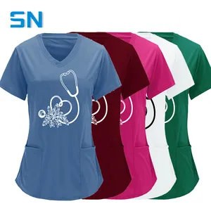 T-shirt baskı logosu hemşire hayat kısa kollu v boyun sevimli bayan tıbbi scnursing hemşirelik üniformaları fırçalayın sadece tops