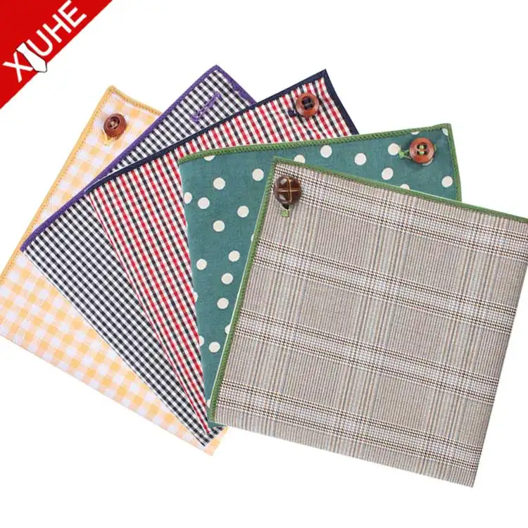 Handmade Private Label Multicolor Handkerchief Traditional Checked Custom Cotton Pocket Square with Button