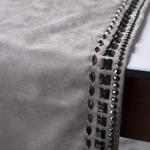 Luxury Gray Velvet Table Runner with Rhinestone Trim Edge Decorative Home Use - Product Image 2