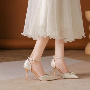 Heeled Sandals Pointed Toe Stiletto <b>Heel</b> Back Strap Elegant <b>Red</b> Pearl Bead Wedding Dress Shoes - Product Image 3