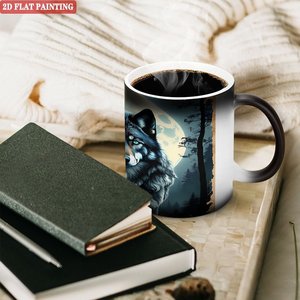 Tasse en céramique 11oz noire givrée, mug à changement de couleur activé par la chaleur, motif loup, peinture 2D plate - Product Image 3