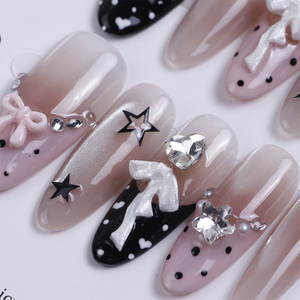<span class=keywords><strong>Uñas</strong></span> Postizas de Lujo Hechas a Mano en 3D, Color Rosa y Negro, Diseño de Ojo de Gato, Forma Almendrada Larga, con Lindos Puntos y Corazones, Adornadas con Pedrería - Product Image 4