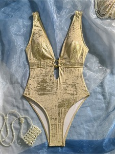 Traje de baño de una pieza para mujer, novedad de 2026, a la moda, con estampado dorado, corte sexy, cuello en V, ahuecado, bikini de corte alto - Product Image 4