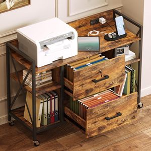 Armoire de classement mobile SENYU en bois rustique à 2 tiroirs avec étagères ouvertes pour le rangement du bureau à domicile - Product Image 6