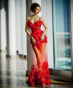 Yeni gelenler abiye kırmızı dantel 3D çiçek straplez parti elbiseler kat uzunluk elbise