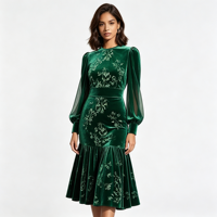 Robe midi élégante pour femme en velours coréen, manches longues lanternes en maille, imprimé floral, ourlet à volants, robe de soirée formelle Sehe Fashion