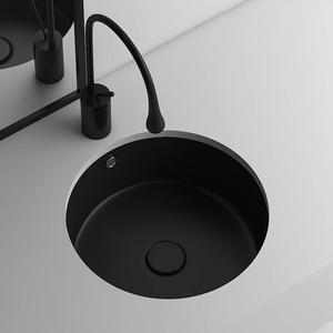 Évier encastré en céramique <span class=keywords><strong>noir</strong></span> mat de petite taille, fond plat rond, lavabo intégré pour balcon - Product Image 3