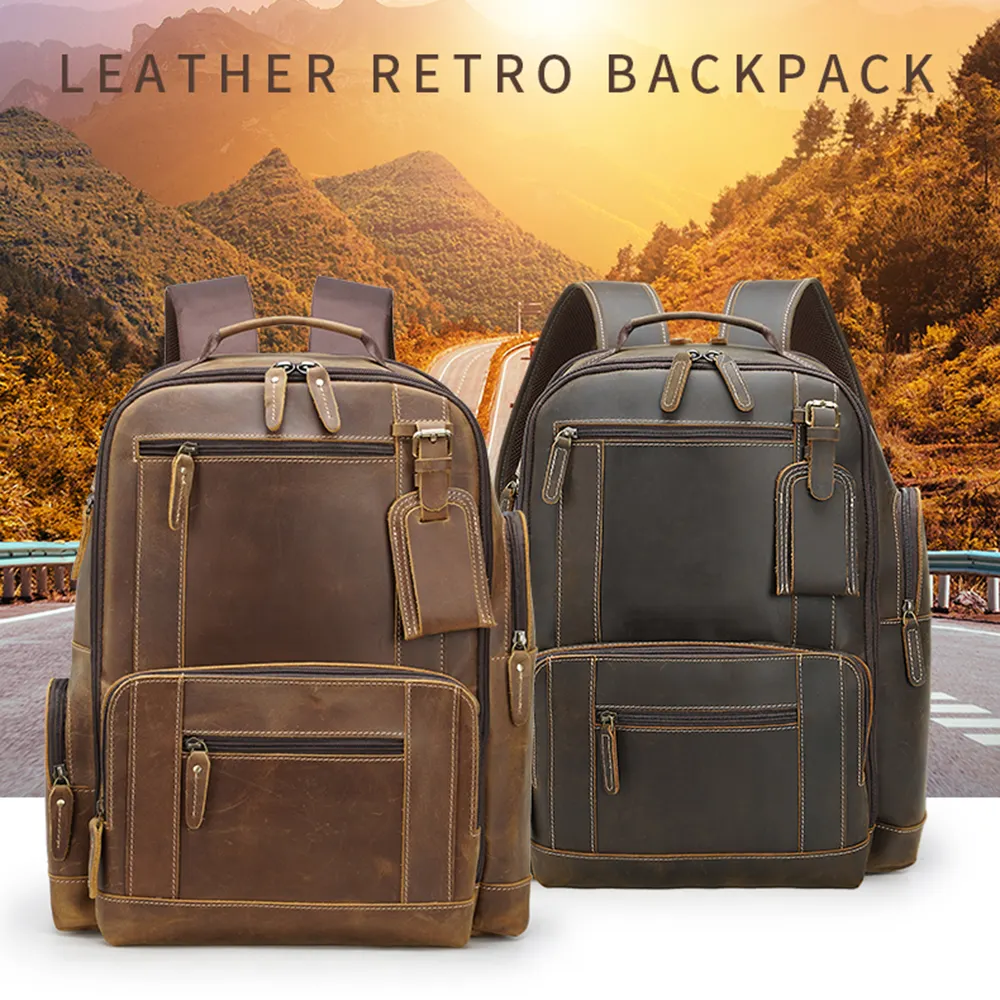 OEM ODM Full Grain Crazy Horse Genuine Leather 15.6 inches Laptop Bag Men Custom Vintage Backpack with Luggage Tag
